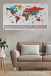 Türkçe Ülke Bayrak Lı Eğitici Başkent Detaylı Atlası Dünya Haritası Duvar Sticker 100 x 65 cm