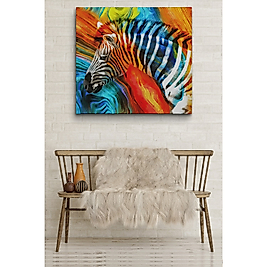 Renkli Zebra Yağlıboya Görünüm Dekoratif Kanvas Duvar Tablosu