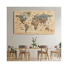 Ahşap Görünümlü Dünya Haritası Sembollü Eğitici ve Öğretici Dekoratif Tablo