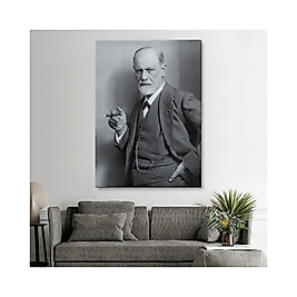 Sigmund Freud Elinde Puro ile Siyah Beyaz Fotoğrafı Kanvas Tablo