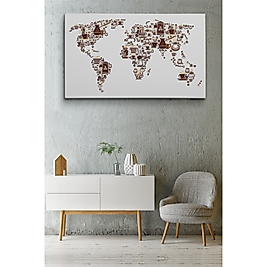 Kahve Coffee Temalı Dünya Haritası Dekoratif Kanvas Tablo
