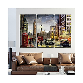 İngiltere Londra'da Gece Yağlıboya Görünüm Dekoratif Tablo (Üç Parça) 95 X 165 cm
