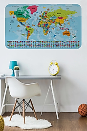 Dünya Haritası Eğitici Öğretici Ülke Bayraklı Türkçe Harita Çocuk Odası Genç Odası Duvar Sticker 100 x 65 cm