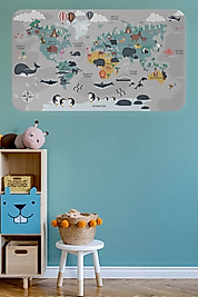 Eğitici Dünya Haritası Dünya Atlası Çocuk Ve Bebek Odası Duvar Sticker 100 x 65 cm