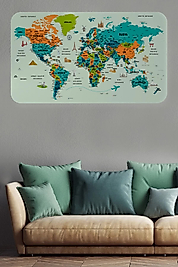 Türkçe Eğitici Ülke Ve Başkent Detaylı Atlası Dünya Haritası Duvar Sticker 100 x 65 cm