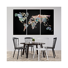 Para Desenli Kanvas Dünya Haritası Kanvas Tablo ( Üç Parça ) 165 x 95 cm