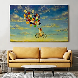 Renkli Balonlar Ile Uçan Bisikletli Kız Kanvas Tablo 20 x 30