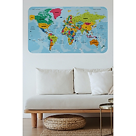Türkçe Eğitici Ülke ve Başkent Okyanus Detaylı Atlası Dekoratif Dünya Haritası Duvar Sticker