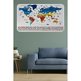 Ülke Bayraklı Eğitici Başkent Detaylı Atlası Dekoratif Dünya Haritası Duvar Sticker 100 x 65 cm