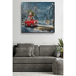 Noel Baba ve Küçük Kırmızı Retro Arabası Kanvas Duvar Tablosu 50 x 50 cm
