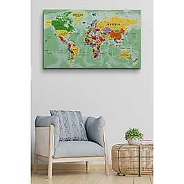 Dünya Haritası Son Derece Ayrıntılı Eğitici ve Öğretici Okyanuslu Dekoratif Kanvas Tablo 95 x 55 cm