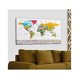 Dünya Haritası Son Derece Ayrıntılı Eğitici-Öğretici ve Bayraklı Dekoratif Kanvas Tablo 95 x 55 cm