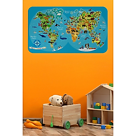 Kıtalara Göre Yaşayan Hayvanlar Dünya Haritası Dünya Atlası Çocuk ve Bebek Odası Duvar Sticker 100 x 65 cm
