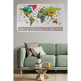 Ülke Bayraklı Eğitici Başkent Detaylı Atlası Dünya Haritası Duvar Sticker 100 x 65 cm