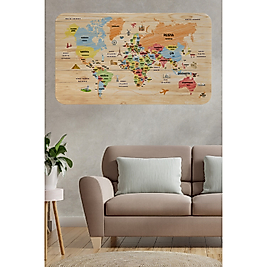 Ahşap Görünümlü Türkçe Eğitici Detaylı Atlası Dekoratif Dünya Haritası Duvar Sticker 100 x 65 cm