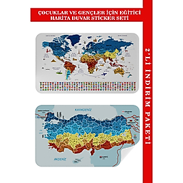 Eğitici - Öğretici Dünya ve Türkiye Haritası Çocuk Odası Duvar Sticker Seti 100 x 65 cm