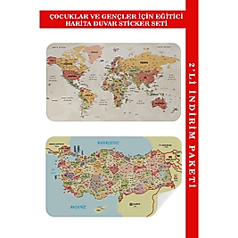 Eğitici - Öğretici Dünya ve Türkiye Haritası Çocuk Odası Duvar Sticker Seti 100 x 65 cm