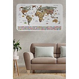 Türkçe Ülke Bayrak Lı Eğitici Başkent Detaylı Atlası Dünya Haritası Duvar Sticker 100 x 65 cm