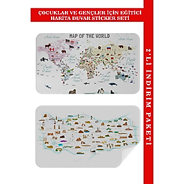 Eğitici - Öğretici Dünya ve Türkiye Haritası Çocuk Odası Duvar Sticker Set 100x65 cm