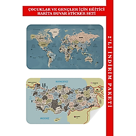 Eğitici - Öğretici Dünya ve Türkiye Haritası Çocuk Odası Duvar Stickerı Set 100 x 65 cm