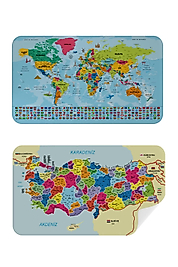 Türkçe Dünya Ve Türkiye Haritası Eğitici Öğretici Ülke Bayraklı Çocuk Odası Genç Odası Duvar Sticker Seti 100 x 65 cm