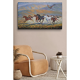 At Sürüsü ve Kartal Yağlıboya Görünüm Dekoratif Kanvas Duvar Tablosu 35 x 50 cm