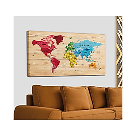 Ahşap Görünümlü Dünya Haritası Ayrıntılı ve Dekoratif Kanvas Tablo 95 x 55 cm