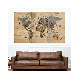 Ahşap Görünümlü Dünya Haritası Sembollü Eğitici ve Öğretici Dekoratif Tablo (3 Parça) 95 x 165 cm