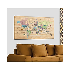 Ahşap Görünümlü Türkçe Dünya Haritası Sembollü Eğitici ve Öğretici Dekoratif Kanvas Tablo 95 x 55 cm