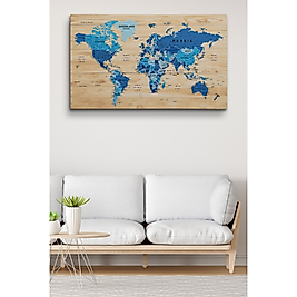 Ahşap Görünümlü Dünya Haritası Ayrıntılı ve Dekoratif Kanvas Tablo 95 x 55 cm
