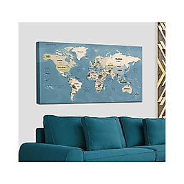Dünya Haritası Kanvas Tablo Ülke Başkentli ve Okyanus Detaylı Dekoratif Tablo 95 x 55 cm