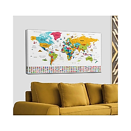 Türkçe Dünya Haritası Ayrıntılı Eğitici-Öğretici Sembollü Bayraklı Dekoratif Kanvas Tablo 95 x 55 cm