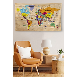 Duvar Örtüsü Halısı Güncel İngilizce Dünya Haritası Ahşap Görünümlü 65 x 40 cm