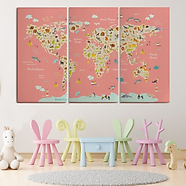 Çocuk Odası Hayvan Desenli Pembe Dekoratif Kanvas Tablo (Üç Parça) 95 x 165 cm