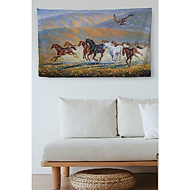 Duvar Örtüsü Kafkas Dağları ve Atları Yağlıboya Görünümlü Kanvas Duvar Halısı 65 x 40 cm