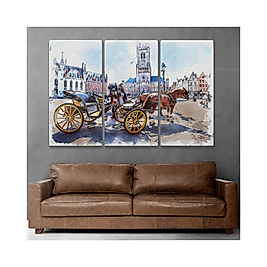 Brugge Tarihi Kasabası Belçika Dekoratif Kanvas Tablo ( Üç Parça ) 95 x 165 cm