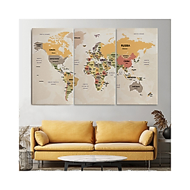 Dünya Haritası Kanvas Tablo Ülke Başkentli ve Okyanus Detaylı Dekoratif Tablo ( Üç Parça ) 95 x 165 cm