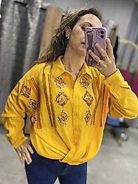 Sarı,Pul İşlemeli Kadın Gömlek