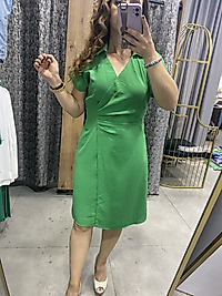 Ayrobin Kumaş Düşük Kol Yeşil Elbise