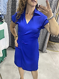 Ayrobin Kumaş Düşük Kol Mavi Kadın Elbise