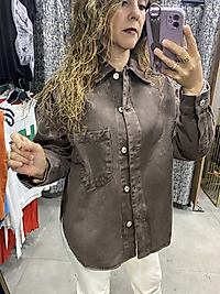 Oval Kesim Kahverengi Kadın Kot Ceket Gömlek