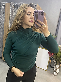 Pile Detaylı Şık Zümrüt Yeşili Kadın Bluz