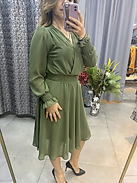 Beli ve Kolları Lastikli Yeşil Şifon Kadın Elbise
