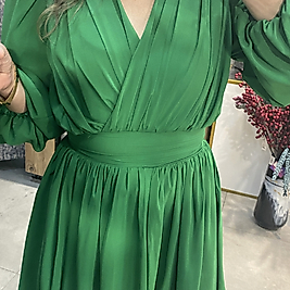Yeşil V Yaka Omuz Kabarık Kadın Elbise