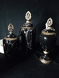 Seramik Kapaklı Klasik Küp Vazo 3'Lü Set - Siyah Mermer