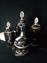 Seramik Kapaklı Klasik Küp Vazo 4'lü Set - Siyah Mermer