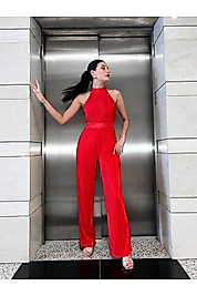 Misscix Fitilli Kolsuz Halter Yaka Kadın Kırmızı Tulum - Abiye & Mezuniyet Tulum Elbise