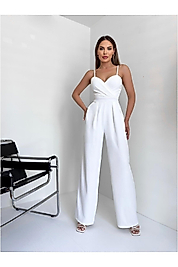 Kadın Tulum Elbise Krep Saten Kumaş Askılı Kruvaze Yaka Geniş Paça Beyaz Misscix