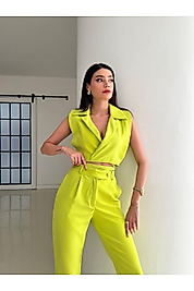 Bağlama Detaylı Tasarım Elbise Yağ Yeşili Pantolon Yelek Takım
