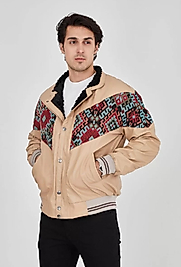 Erkek İçi Astarlı İçten Yaka Kısmı Peluşlu Suni Kumaş Vintage Ceket - Bej